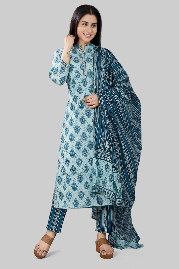 Teal Jaipuri Cotton Straight Printed Kurta Pant Suit Set