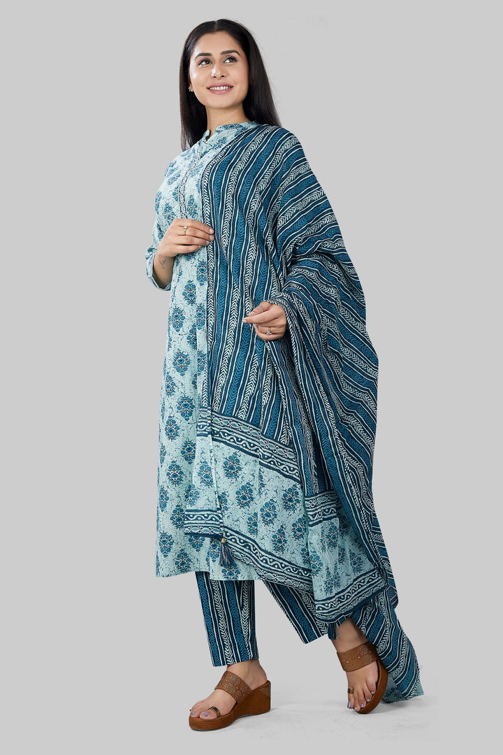 Teal Jaipuri Cotton Straight Printed Kurta Pant Suit Set