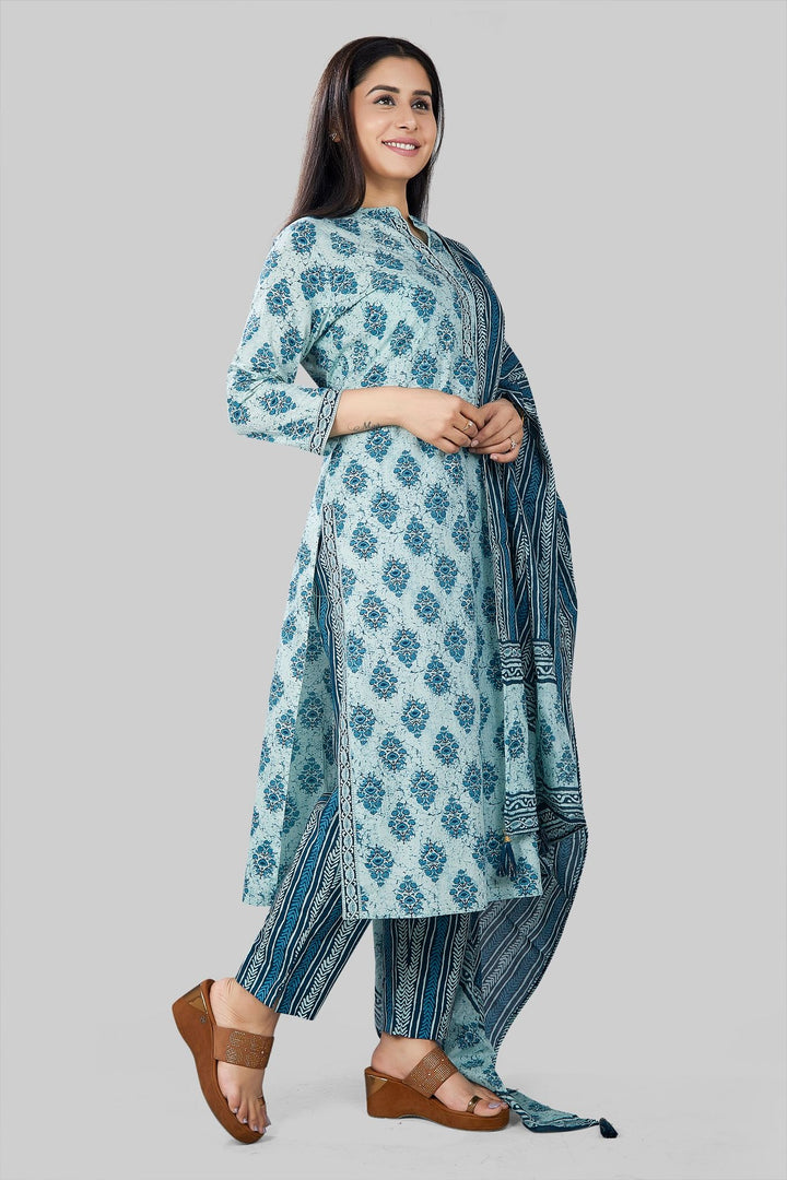 Teal Jaipuri Cotton Straight Printed Kurta Pant Suit Set