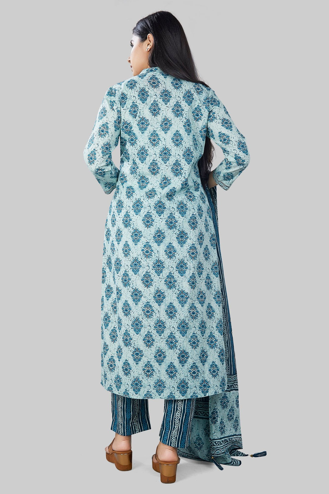 Teal Jaipuri Cotton Straight Printed Kurta Pant Suit Set