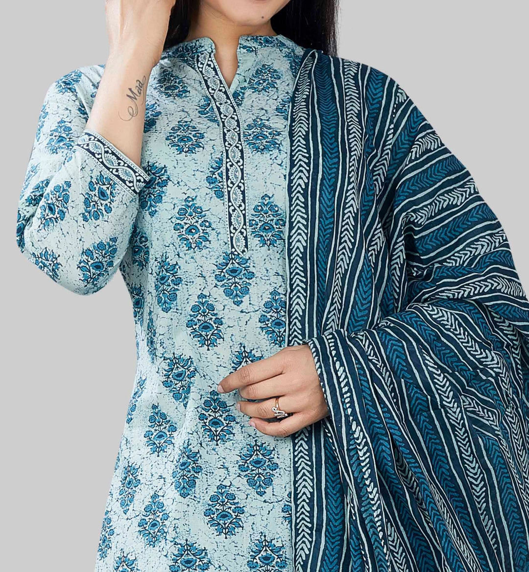 Teal Jaipuri Cotton Straight Printed Kurta Pant Suit Set