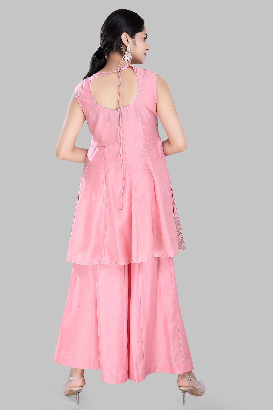 Pink Cotton Flared Embridered Kurta Sharara Suit Set