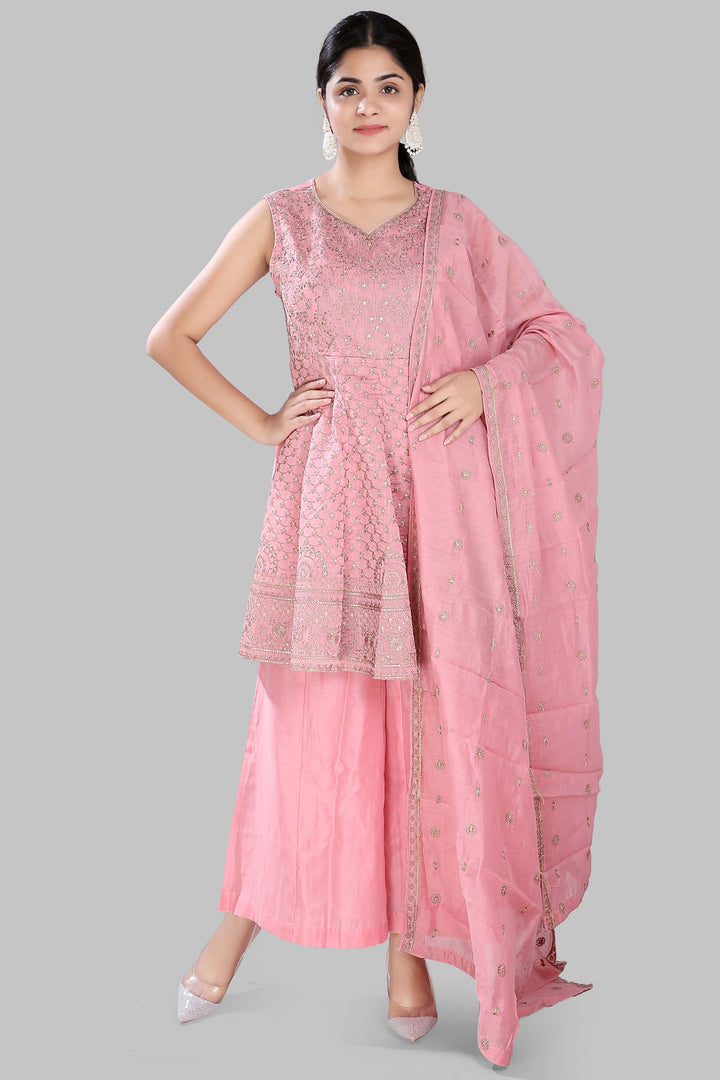 Pink Cotton Flared Embridered Kurta Sharara Suit Set