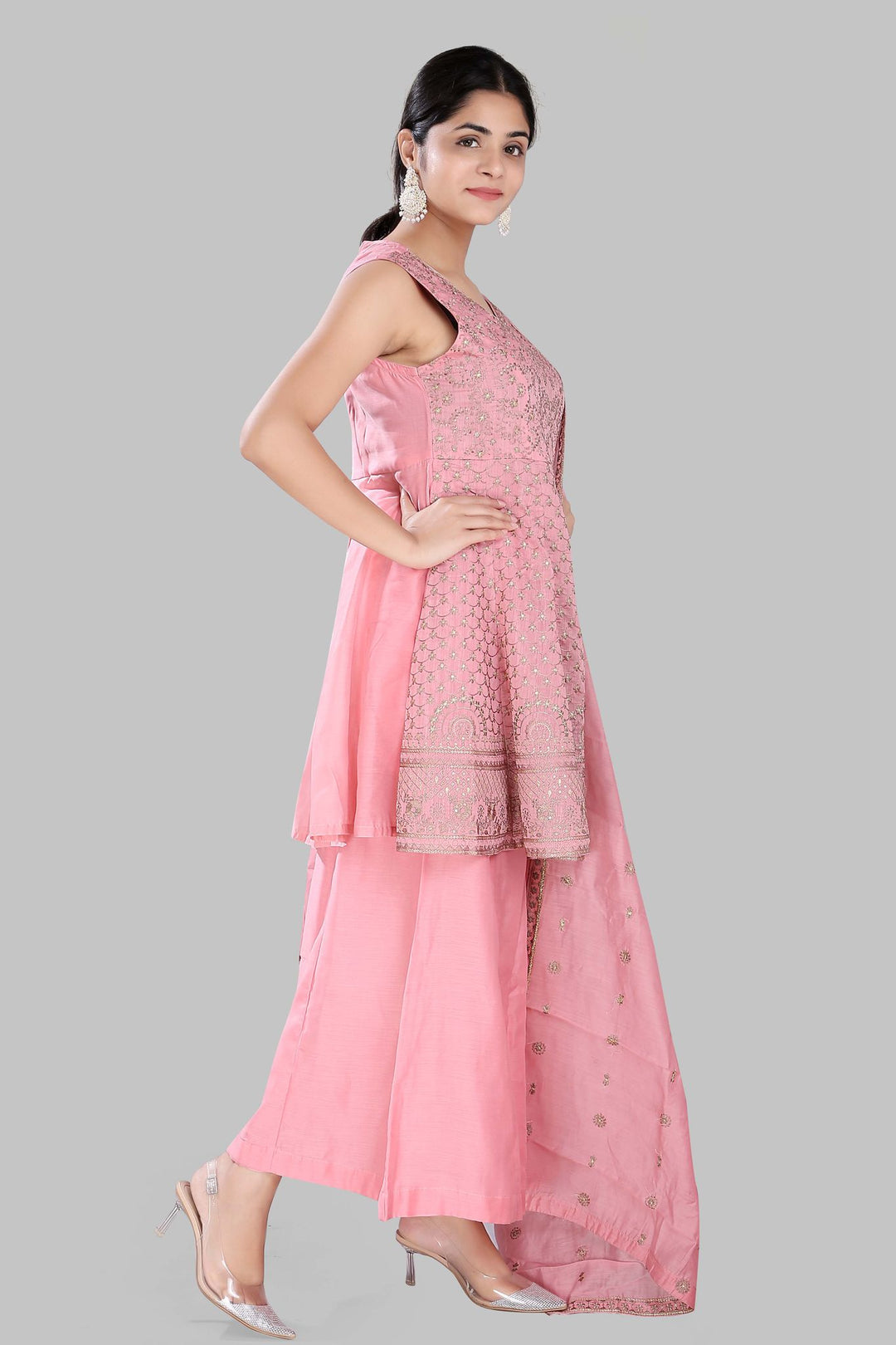 Pink Cotton Flared Embridered Kurta Sharara Suit Set