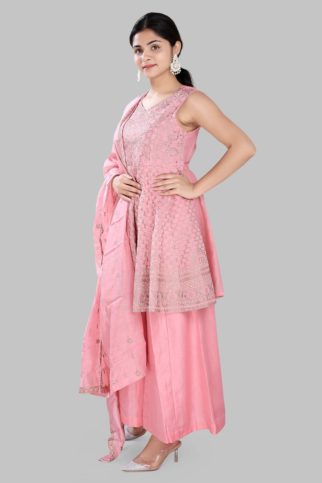 Pink Cotton Flared Embridered Kurta Sharara Suit Set