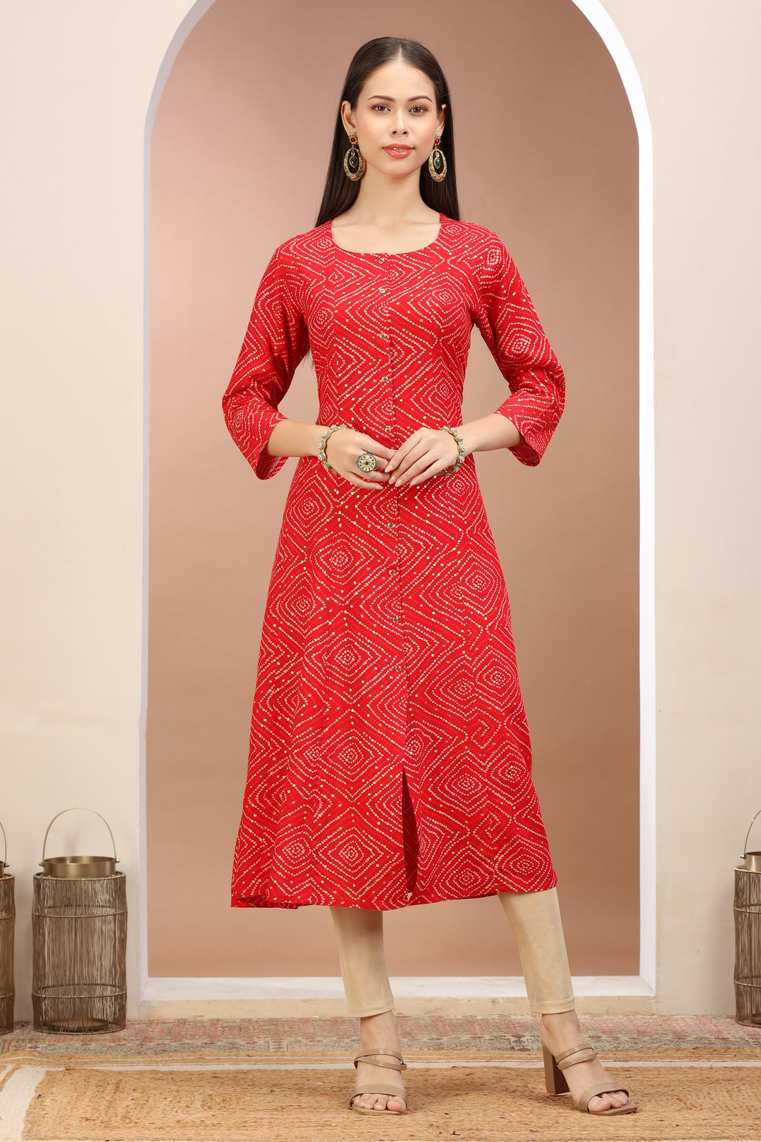 Red Rayon Printed A Line kurta