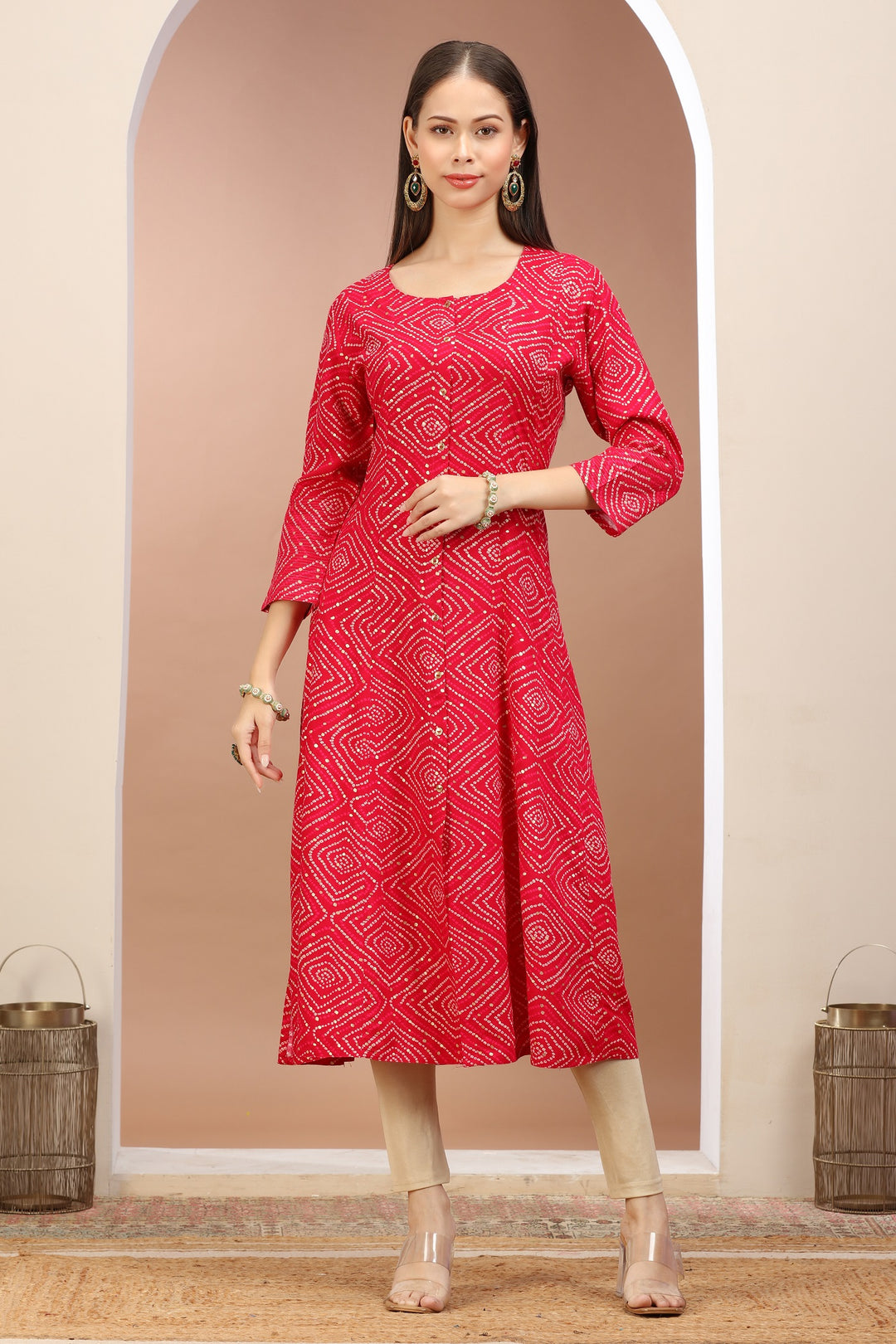 Rani Pink Rayon Printed A Line kurta