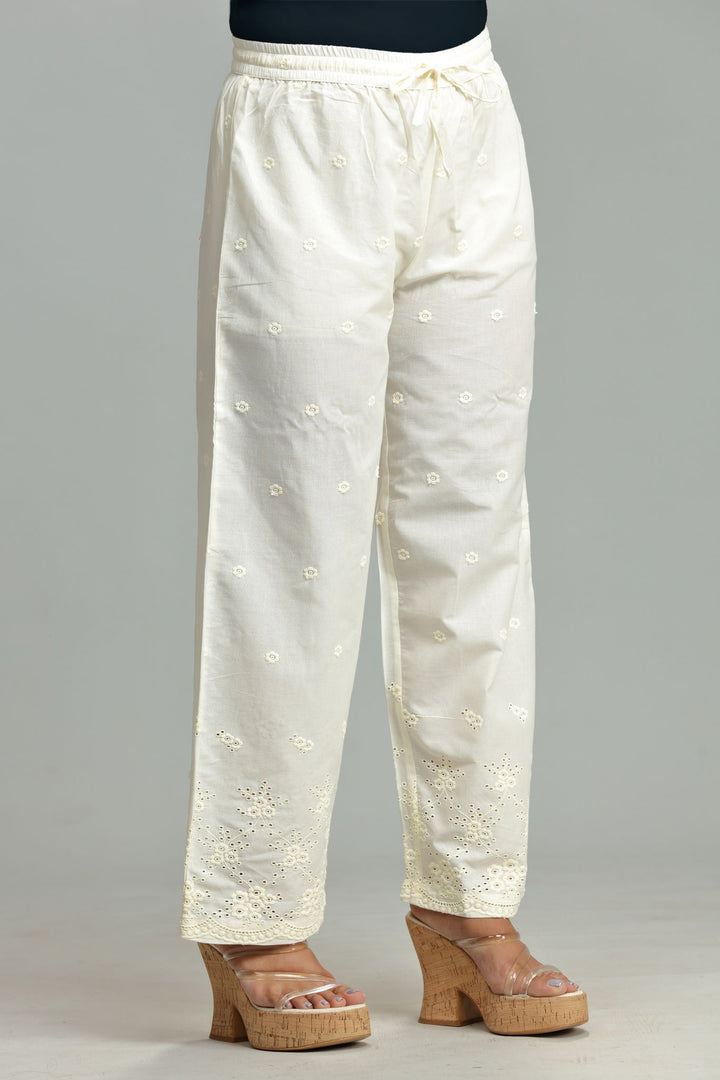 Off White Cotton Embroidered Palazzos