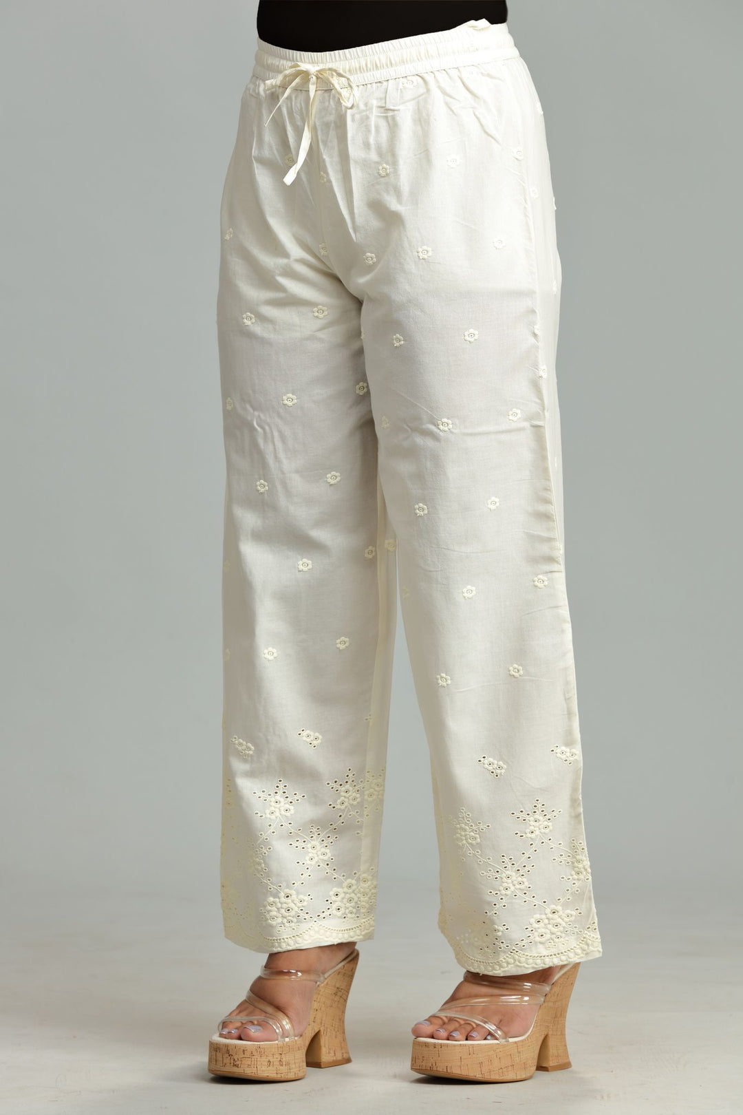 Off White Cotton Embroidered Palazzos