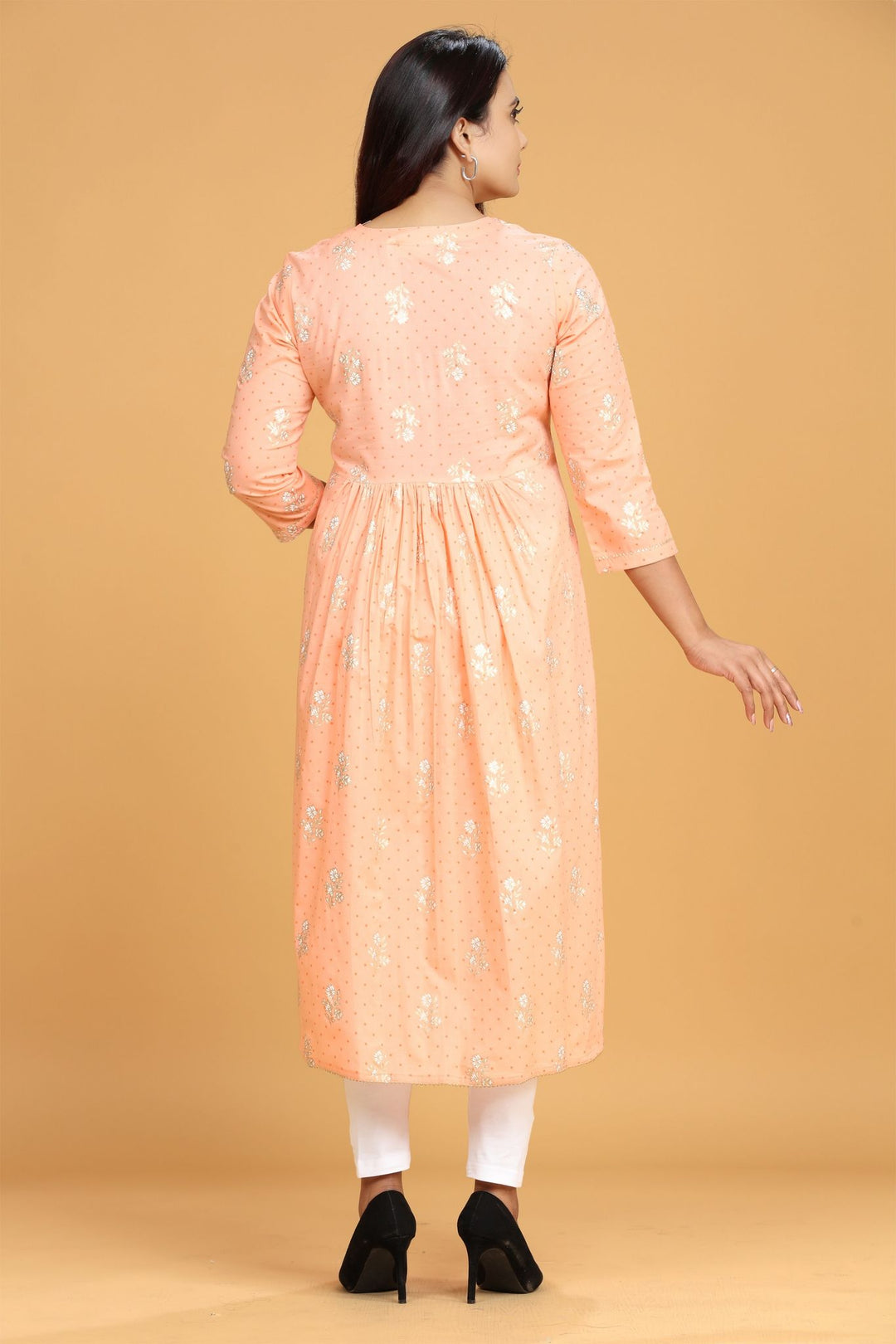 Light Orange Cotton Gathered Embroidered Kurta