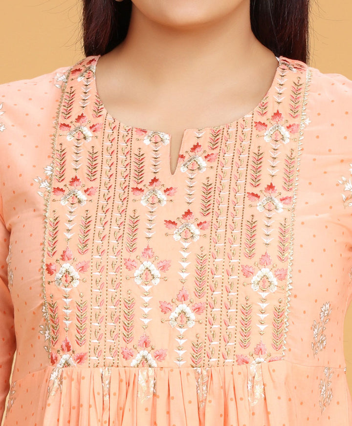 Light Orange Cotton Gathered Embroidered Kurta