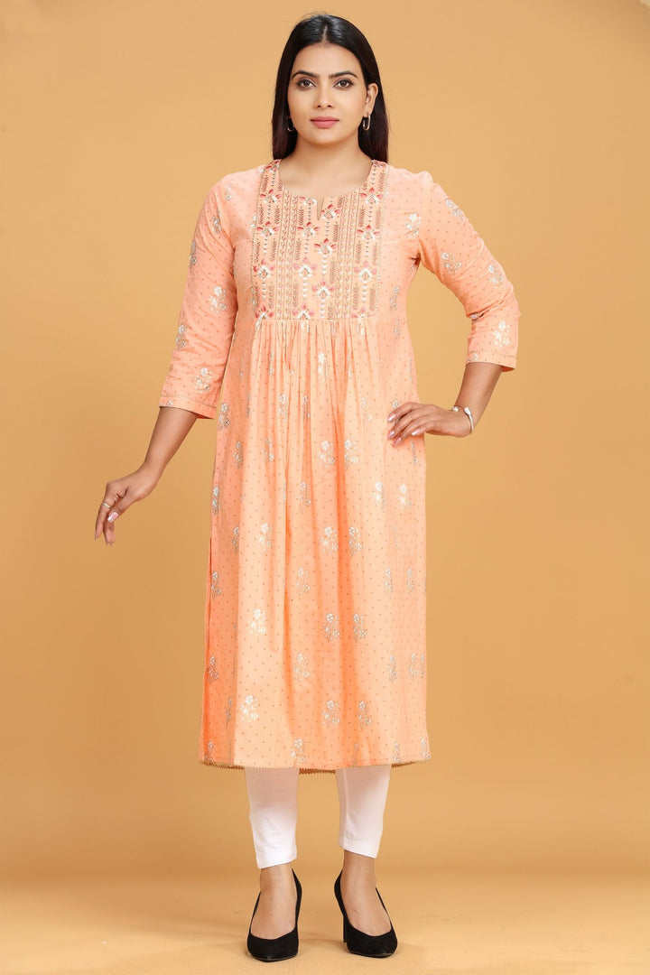 Light Orange Cotton Gathered Embroidered Kurta