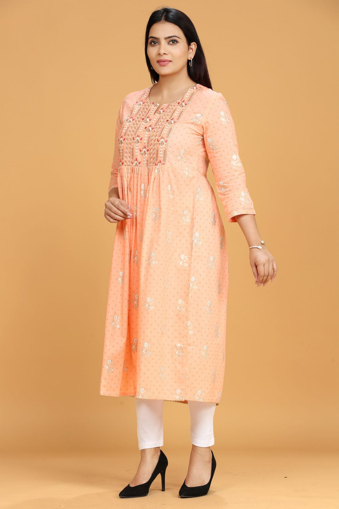 Light Orange Cotton Gathered Embroidered Kurta