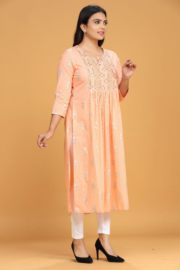 Light Orange Cotton Gathered Embroidered Kurta