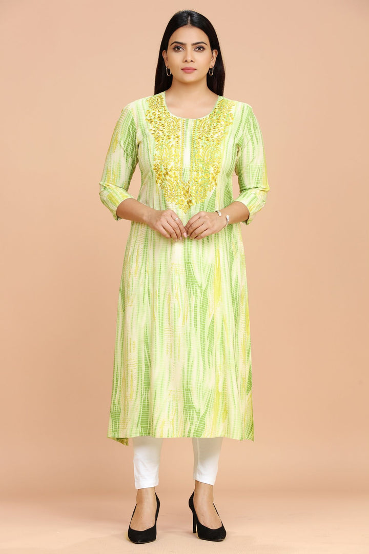 Green Rayon Straight Embroidered Kurta