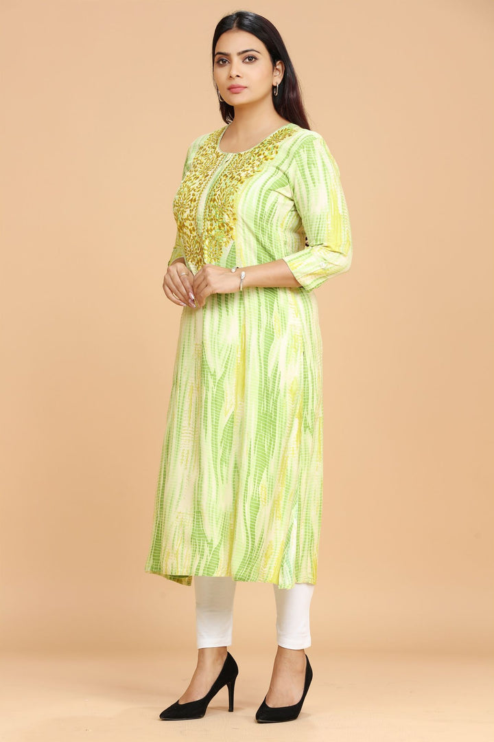 Green Rayon Straight Embroidered Kurta