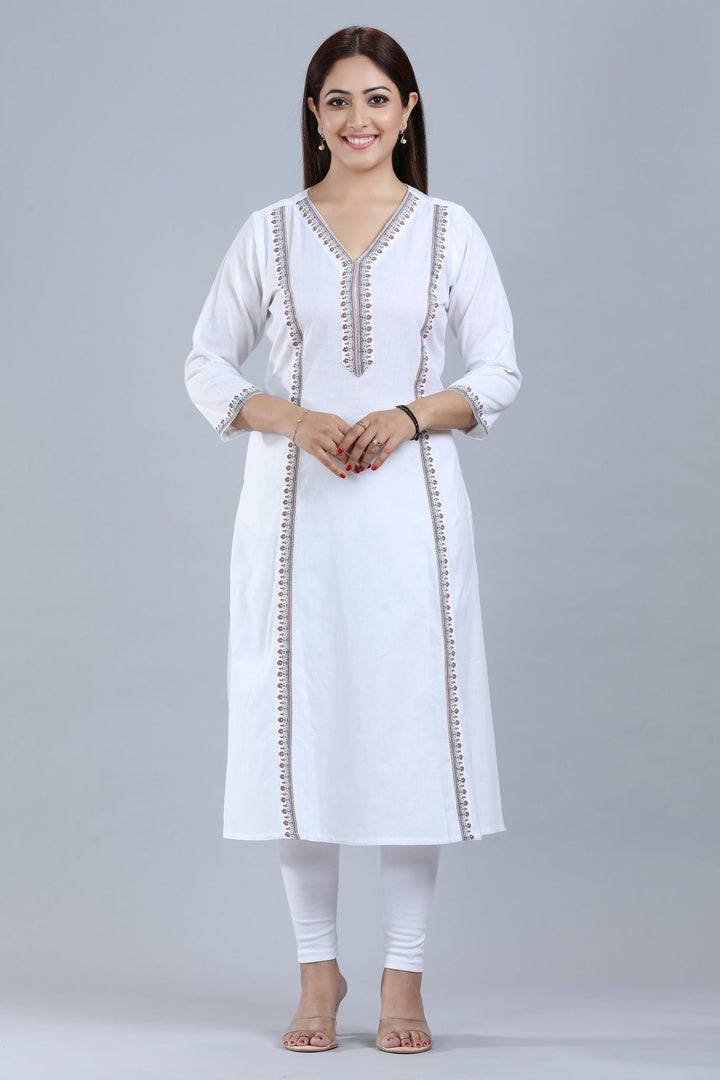 White Cotton A Line Printed Kurta