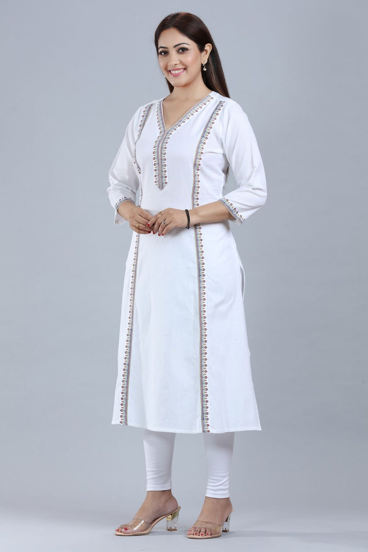 White Cotton A Line Printed Kurta