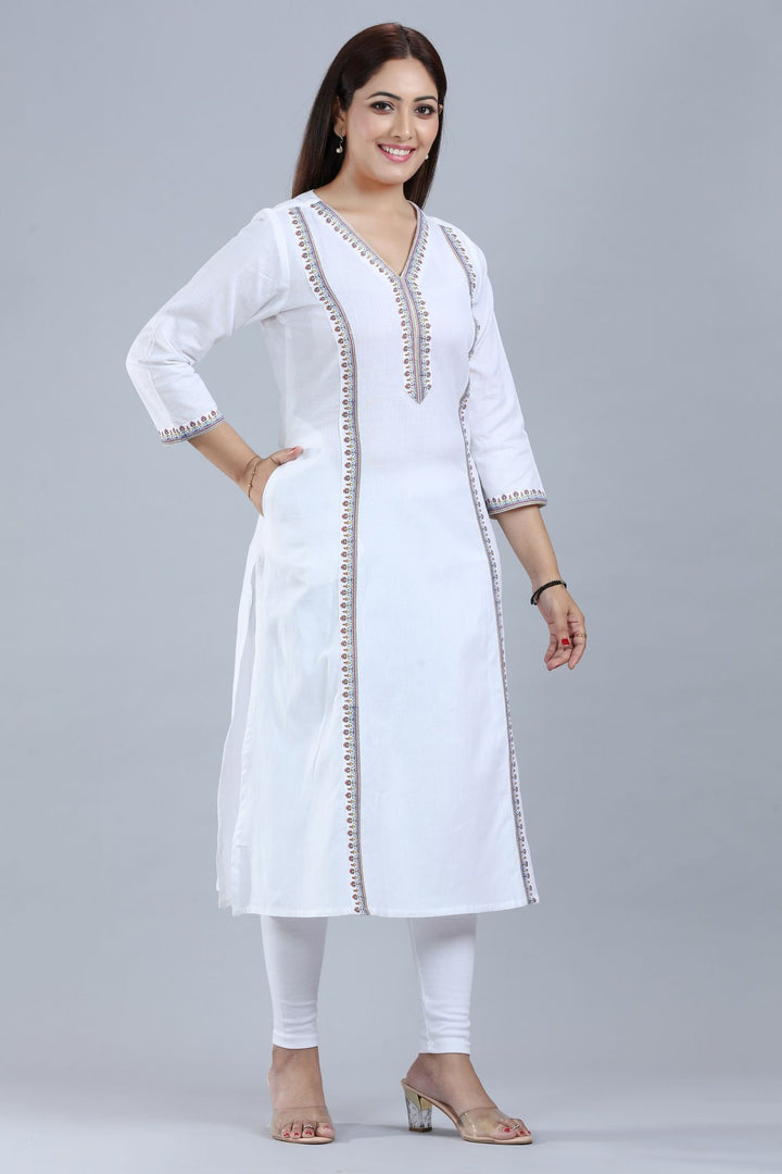 White Cotton A Line Printed Kurta