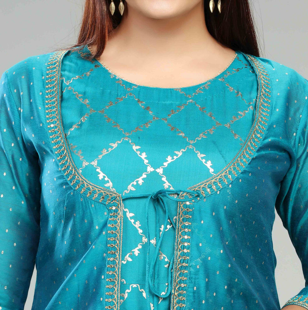 Teal Chanderi Embroidered Suit Set