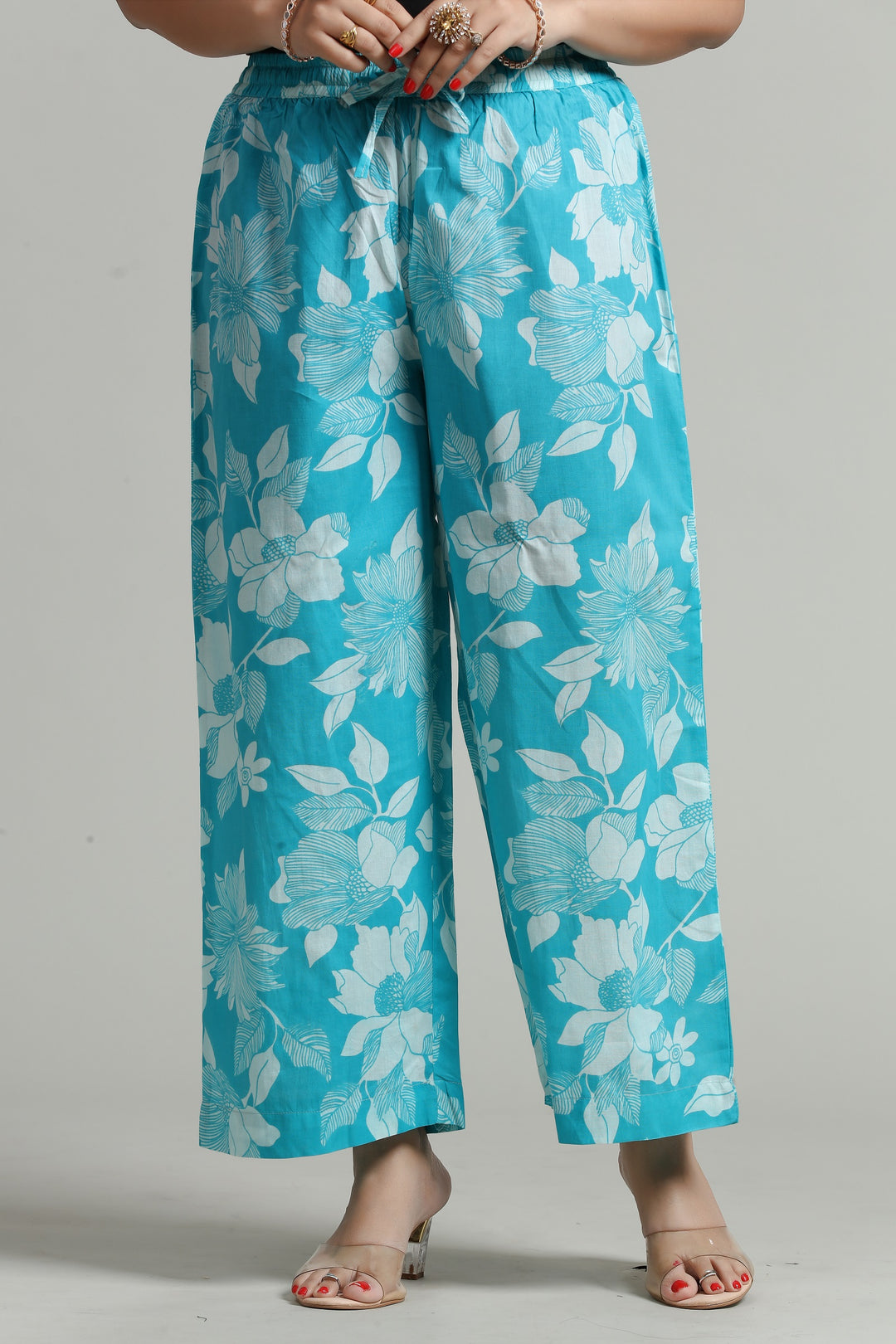 Sky Blue Cotton Printed Palazzos For Women