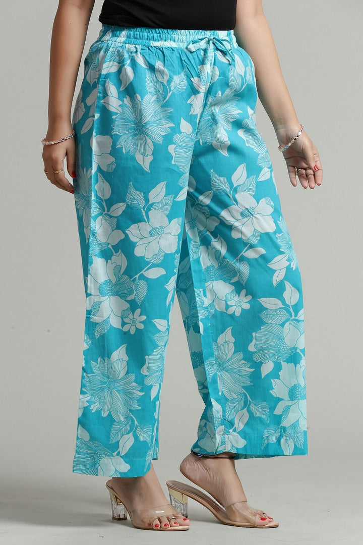 Sky Blue Cotton Printed Palazzos For Women