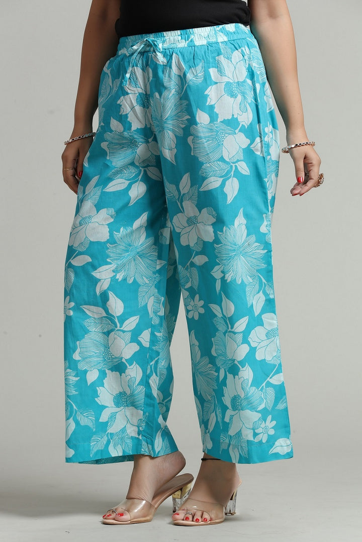 Sky Blue Cotton Printed Palazzos For Women