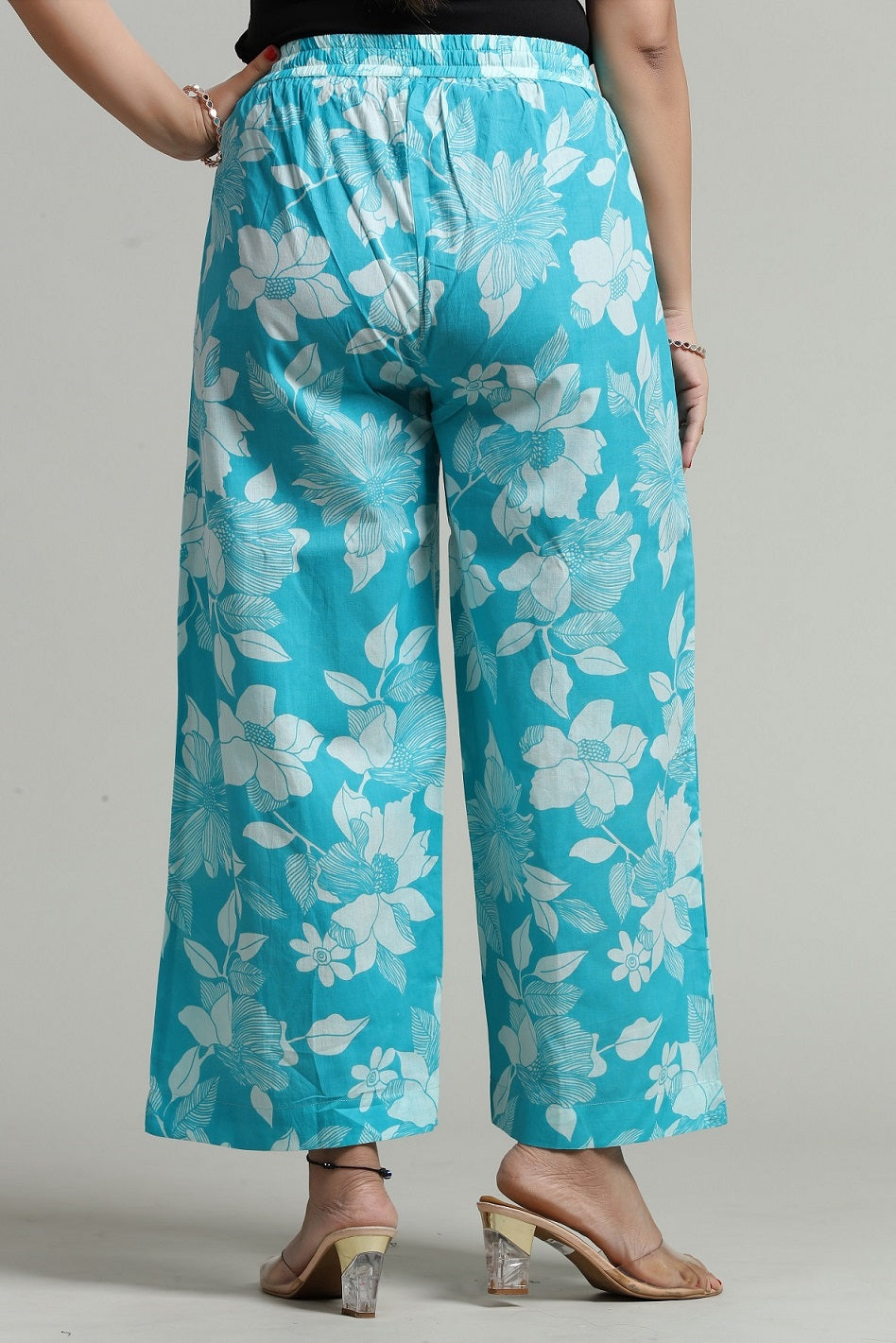 Sky Blue Cotton Printed Palazzos For Women