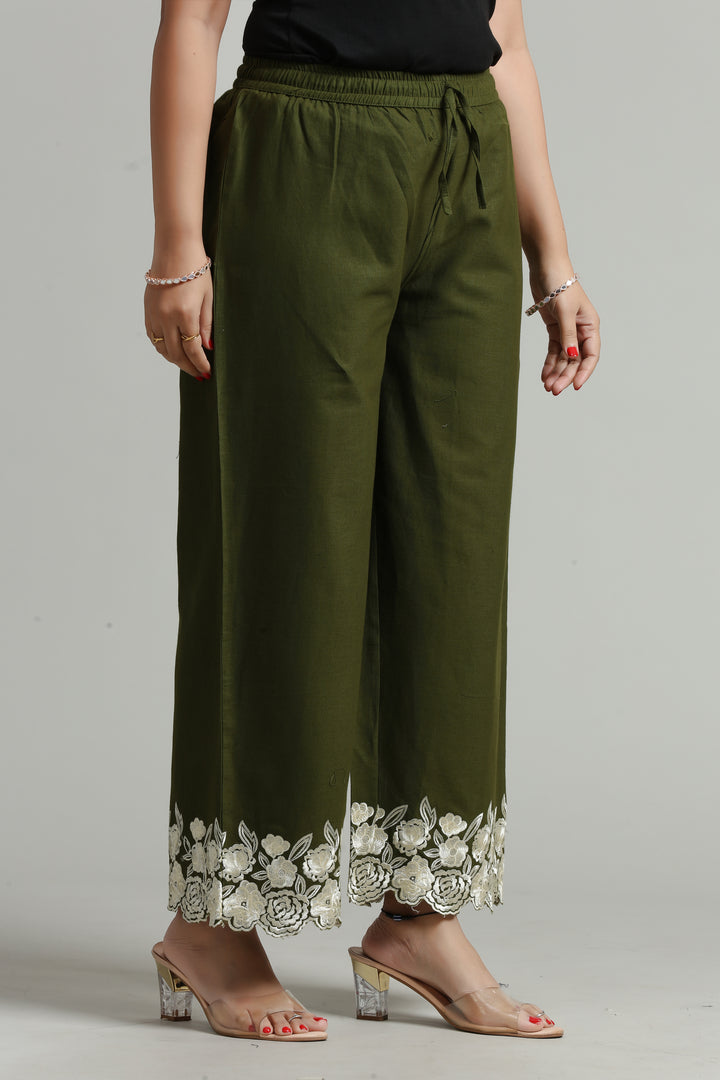 Bottle Green Cotton Embroidered Palazzo for women