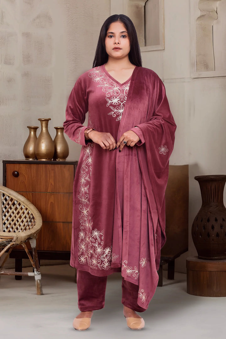 Maroon Velvet Straight Embroidered Kurta Pant Suit Set