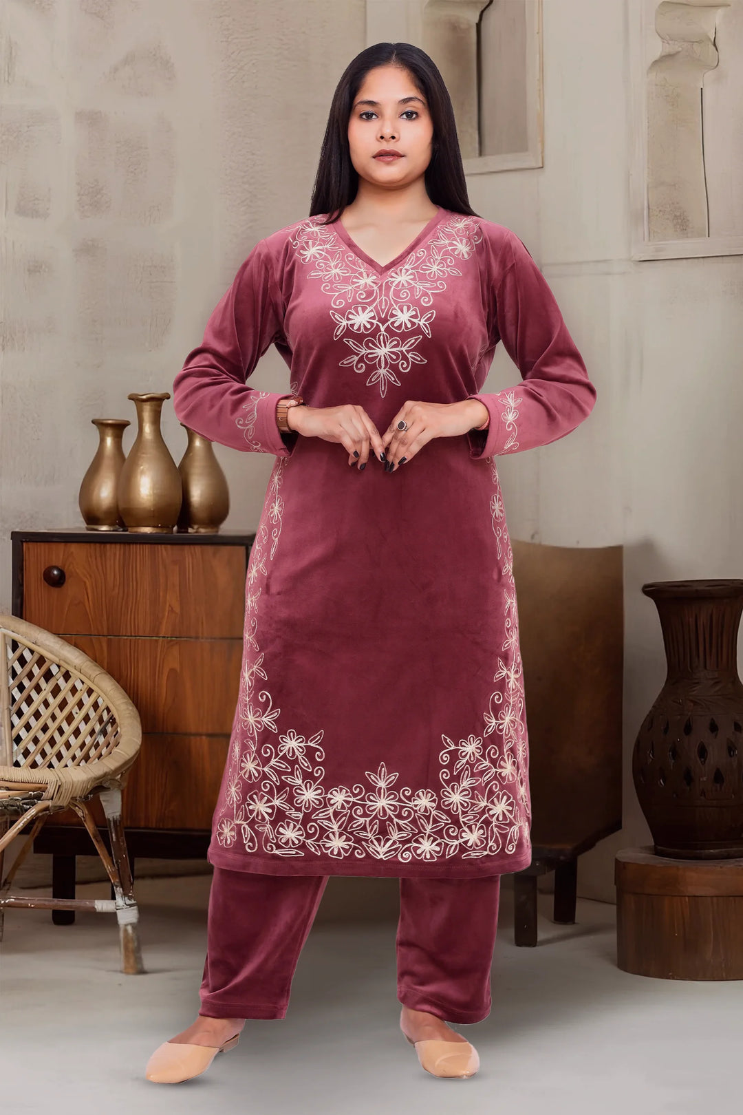 Maroon Velvet Straight Embroidered Kurta Pant Suit Set