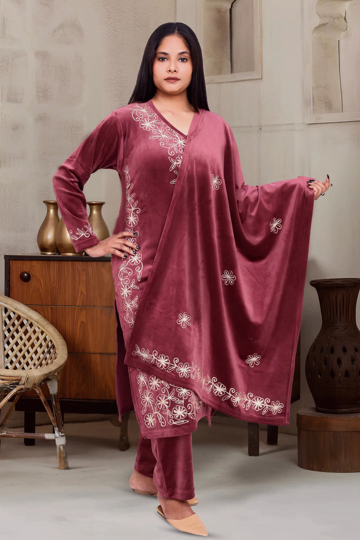 Maroon Velvet Straight Embroidered Kurta Pant Suit Set