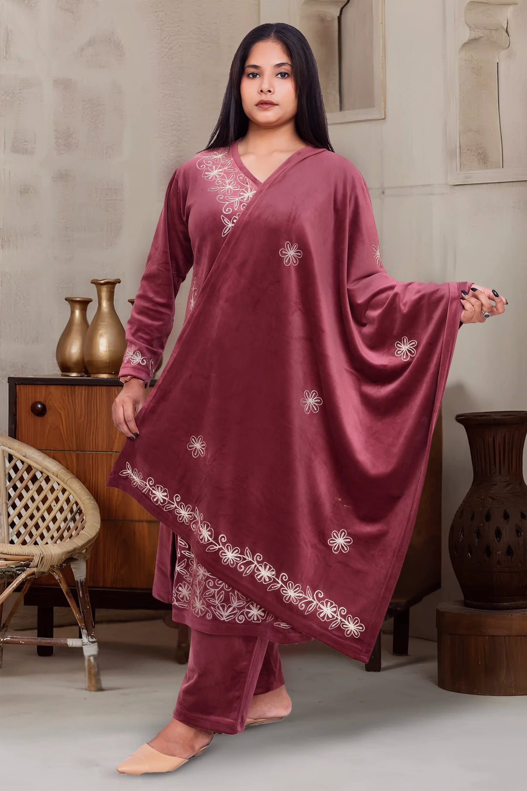 Maroon Velvet Straight Embroidered Kurta Pant Suit Set