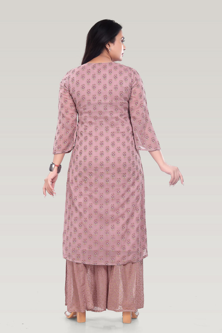 Wine Georgette Straight Embroidered Kurta Palazzo Suit Set