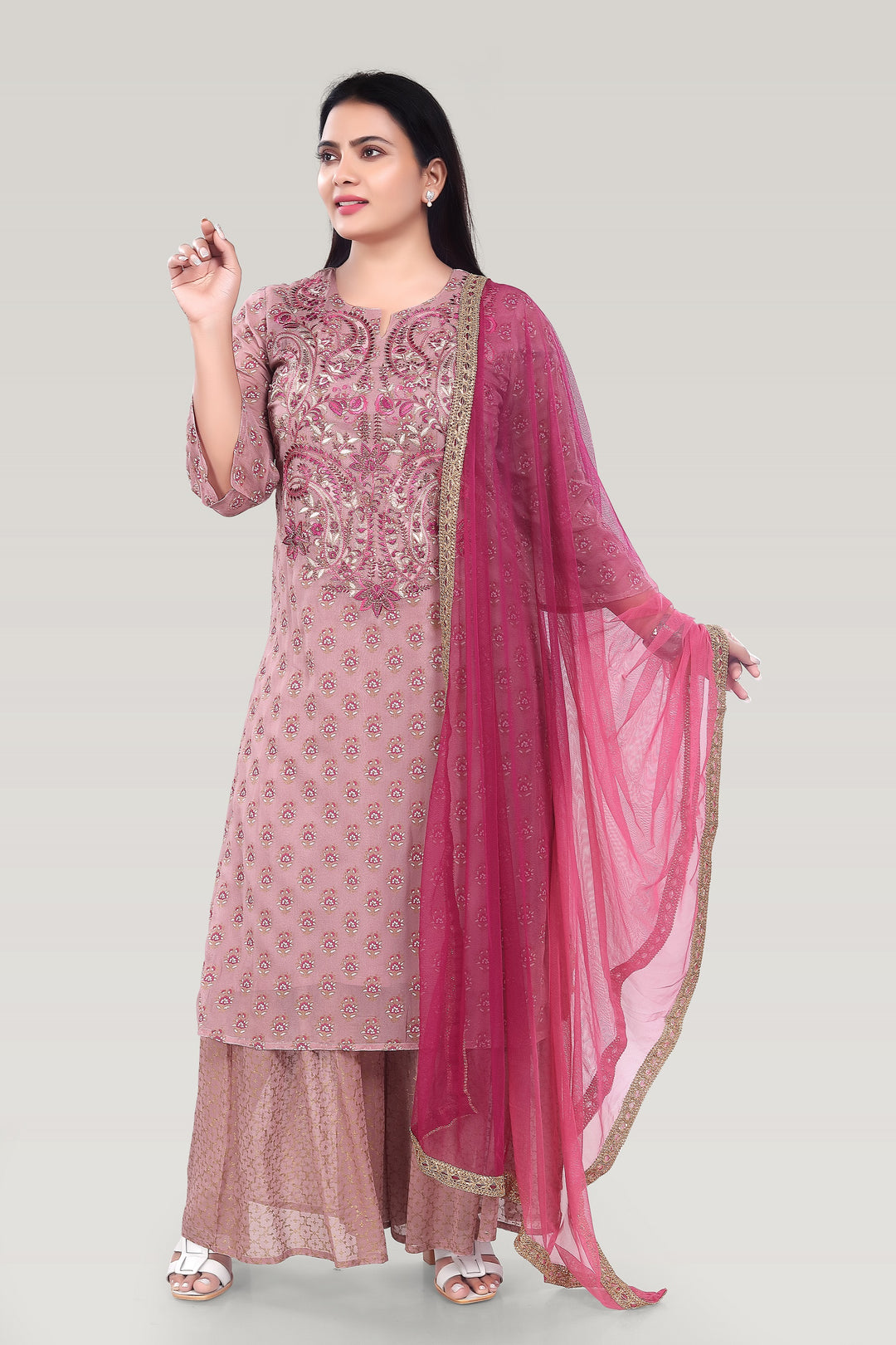 Wine Georgette Straight Embroidered Kurta Palazzo Suit Set