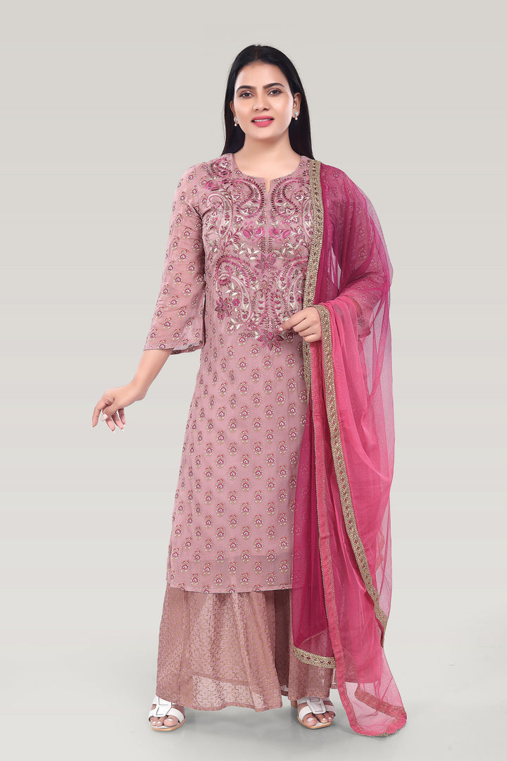 Wine Georgette Straight Embroidered Kurta Palazzo Suit Set