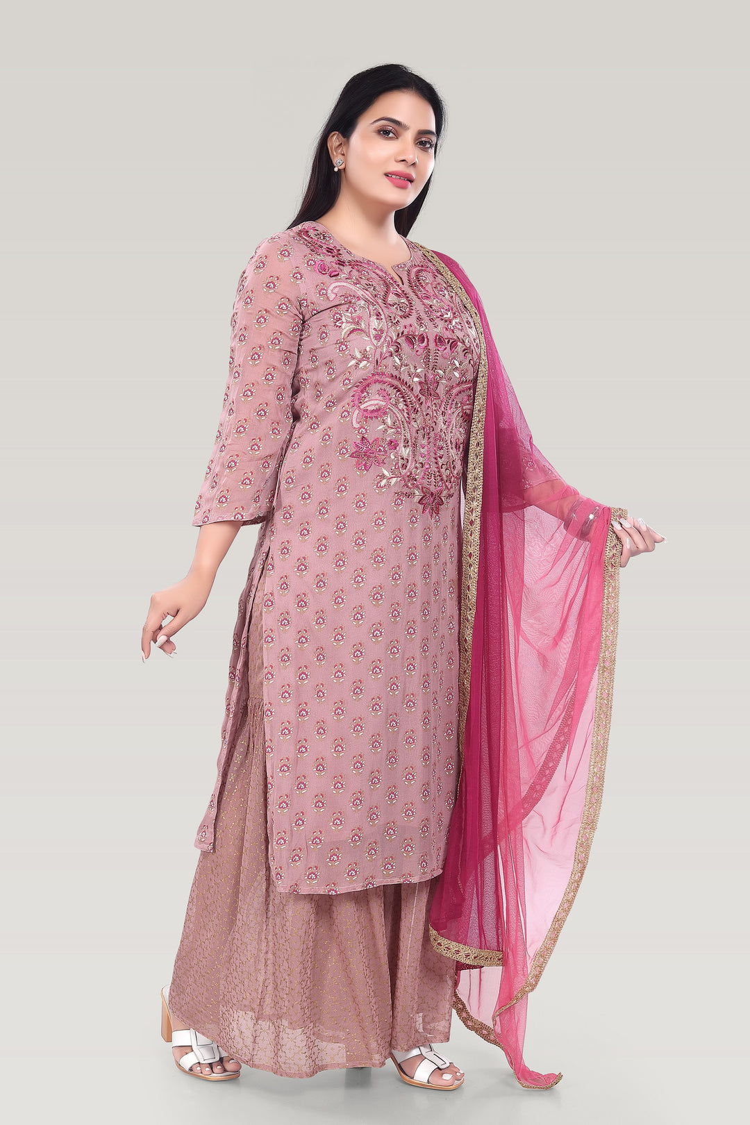 Wine Georgette Straight Embroidered Kurta Palazzo Suit Set