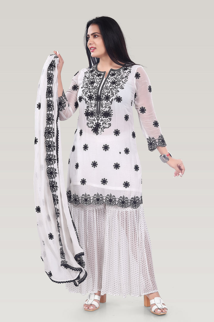 White Georgette Straight Embroidered Kurta Palazzo Suit Set