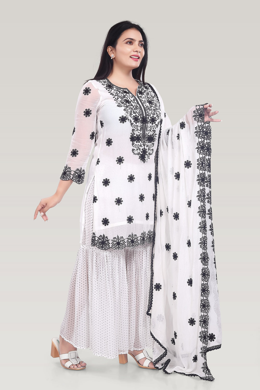 White Georgette Straight Embroidered Kurta Palazzo Suit Set