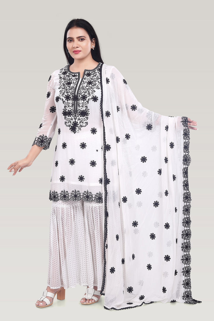 White Georgette Straight Embroidered Kurta Palazzo Suit Set