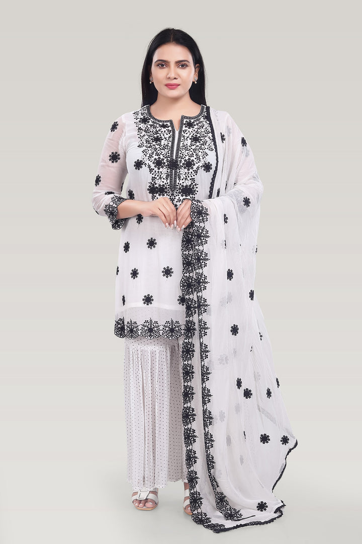 White Georgette Straight Embroidered Kurta Palazzo Suit Set