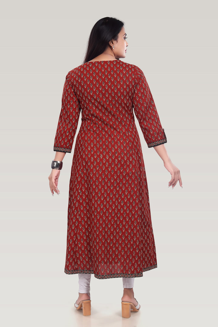 Maroon Cotton Printed Angrakha Kurta for women