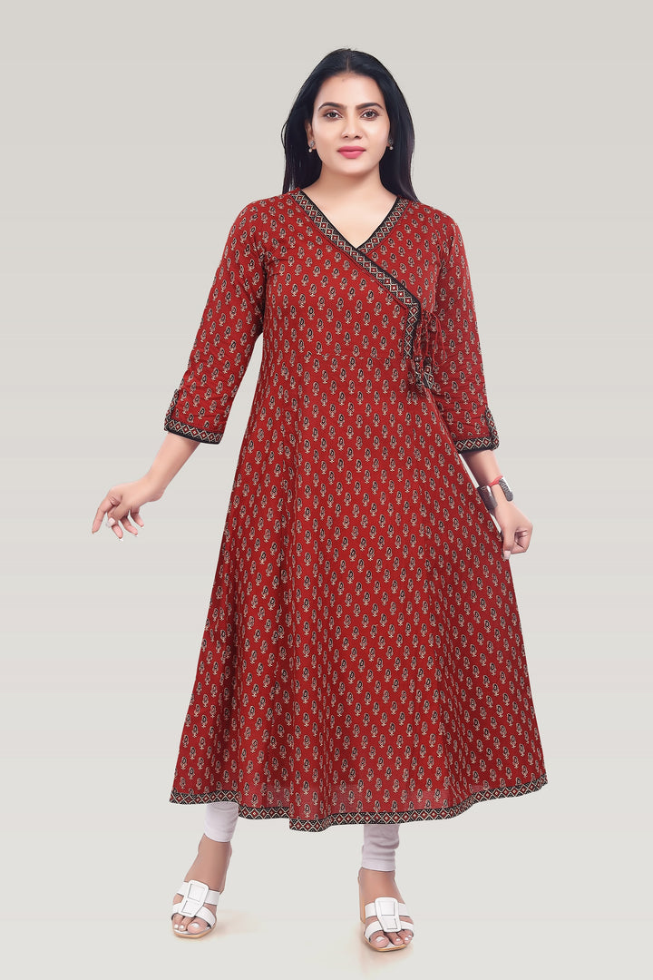 Maroon Cotton Printed Angrakha Kurta for women