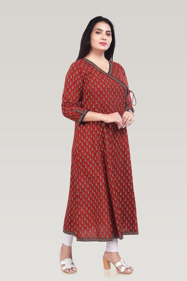 Maroon Cotton Printed Angrakha Kurta