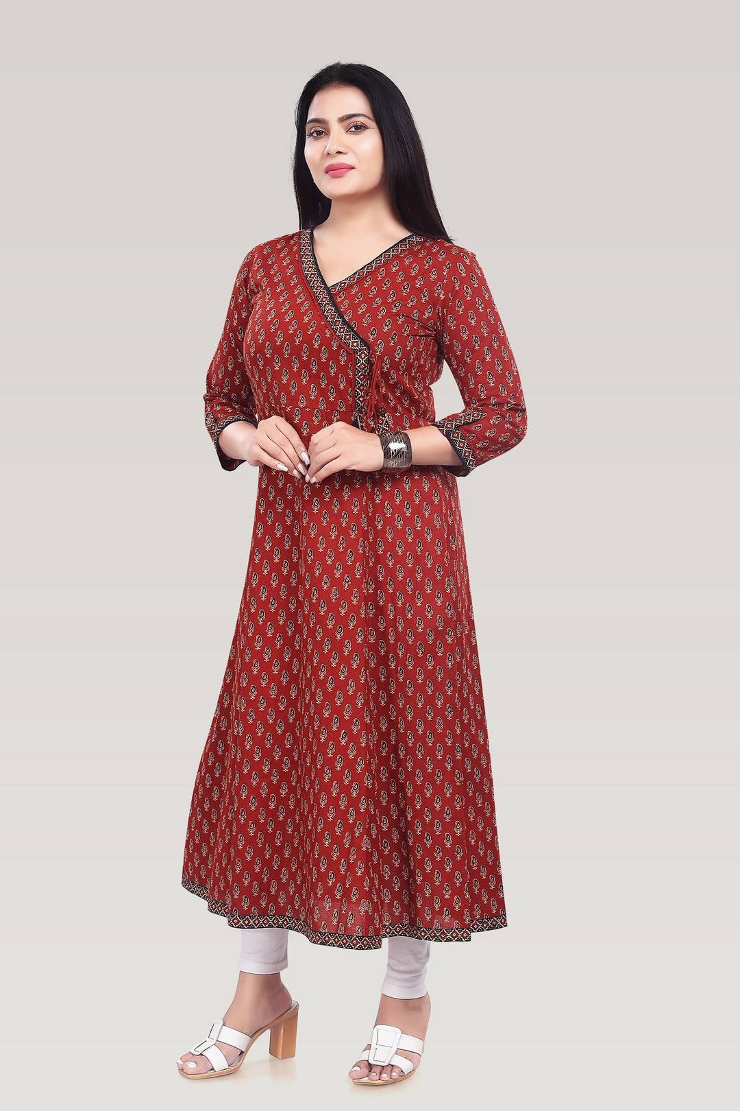 Maroon Cotton Printed Angrakha Kurta