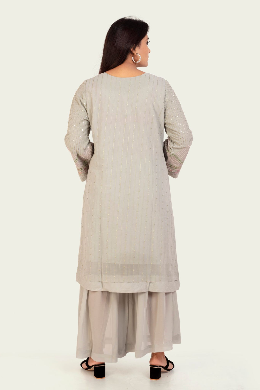 Gray Georgette Straight Embroidered Kurta Sharara Suit Set