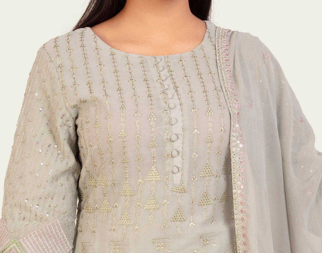 Gray Georgette Straight Embroidered Kurta Sharara Suit Set