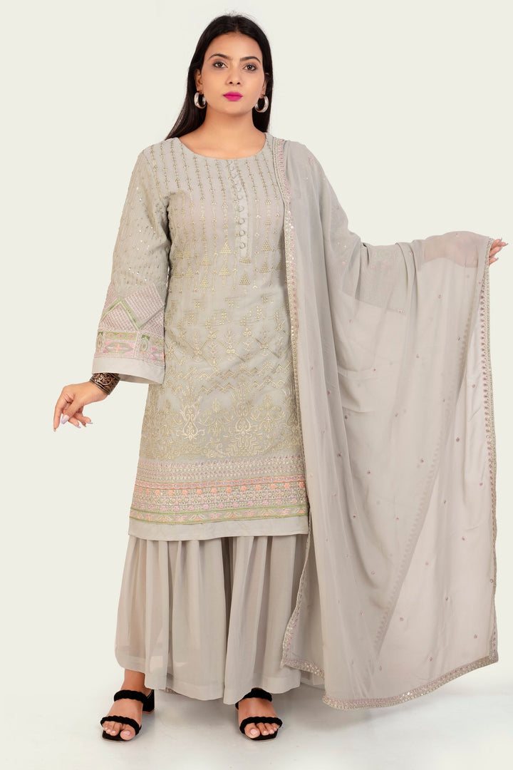 Gray Georgette Straight Embroidered Kurta Sharara Suit Set