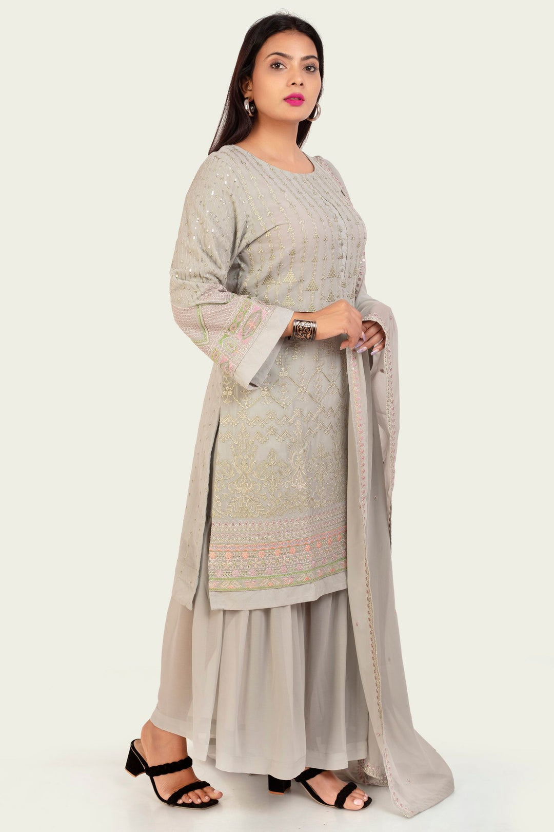 Gray Georgette Straight Embroidered Kurta Sharara Suit Set