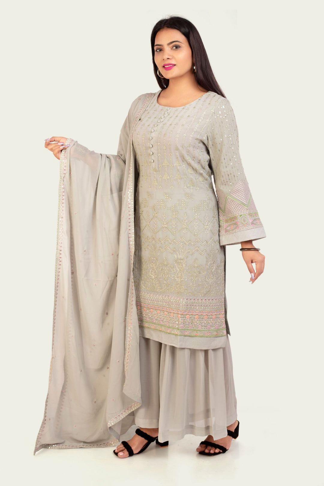 Gray Georgette Straight Embroidered Kurta Sharara Suit Set